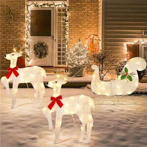 Lighted Christmas Reindeer Sleigh Outdoor Yard Decor 60 Lights Christmas Deer